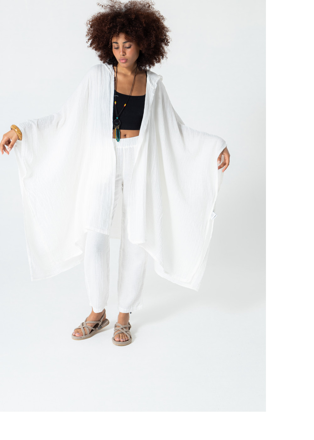 Müslin kapüşonlu kaftan beyaz