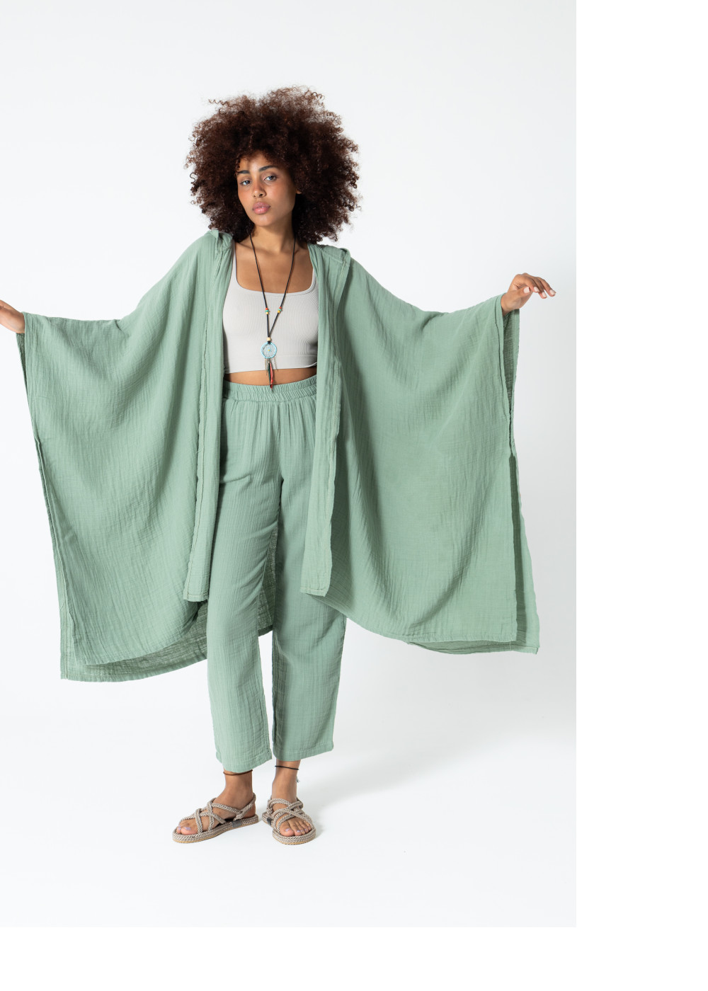 Müslin kapüşonlu kaftan çağla