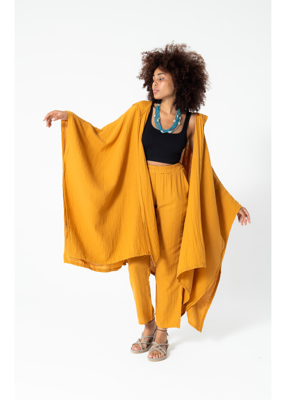 Müslin kapüşonlu kaftan hardal