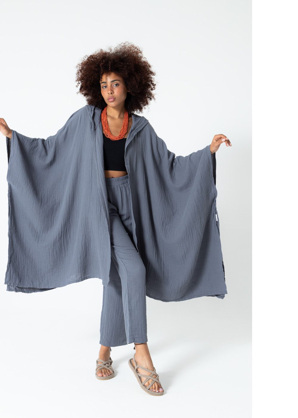 Müslin kapüşonlu kaftan koyu gri